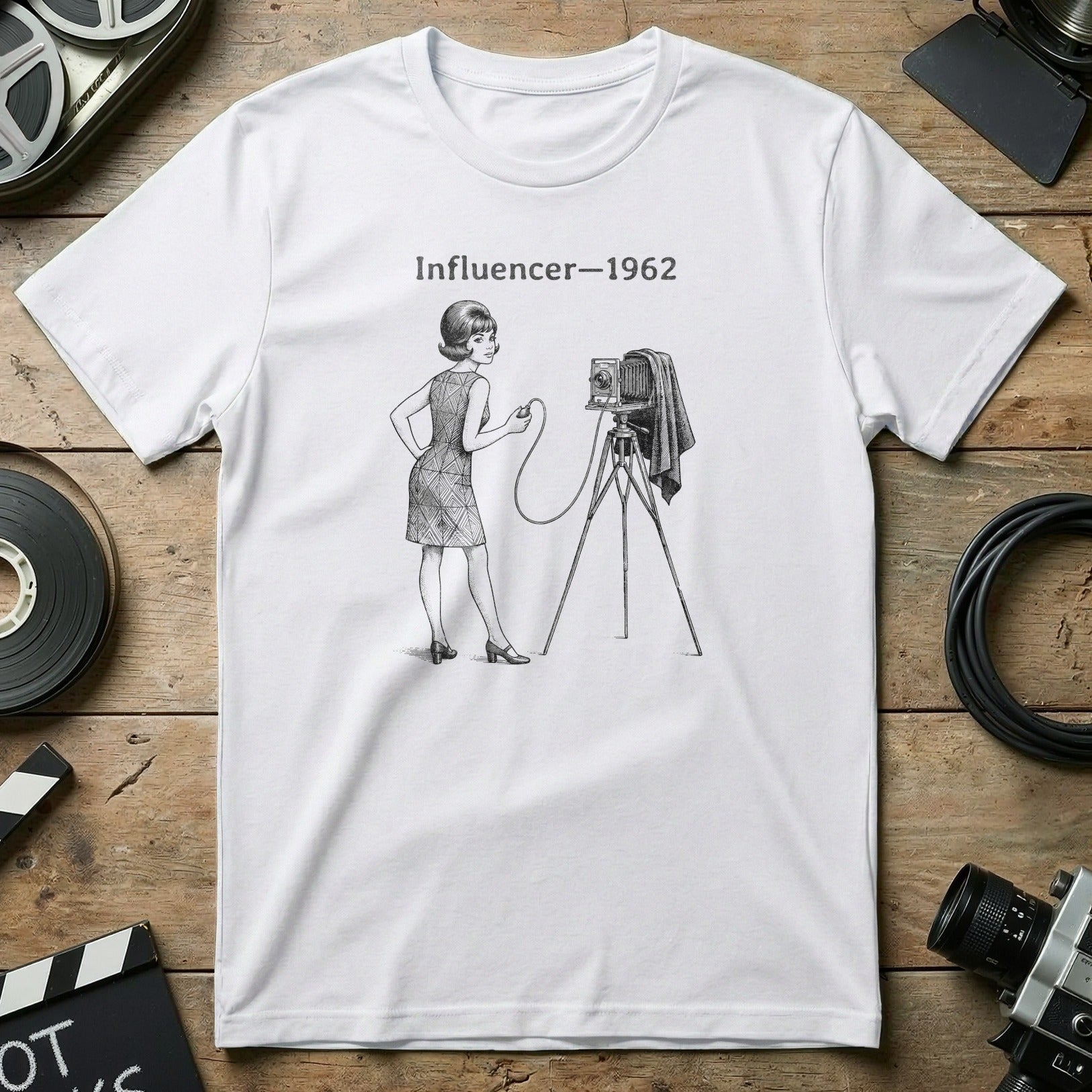 Woman in dress with old camera on tripod, "Influencer-1962" text.