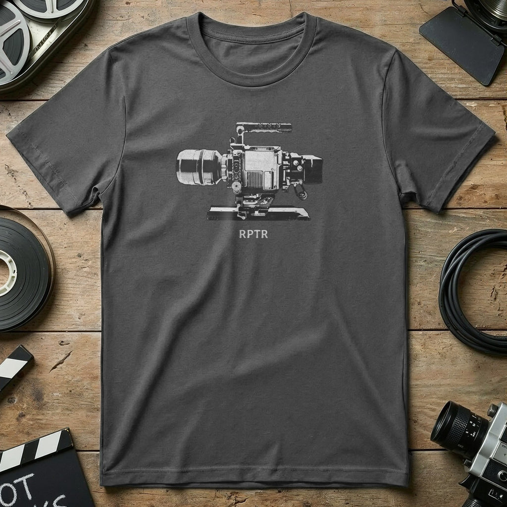 Dark grey t-shirt with a white line drawing of a professional video camera and "RPTR" text.