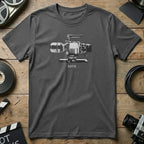 Dark grey t-shirt with a white line drawing of a professional video camera and "RPTR" text.