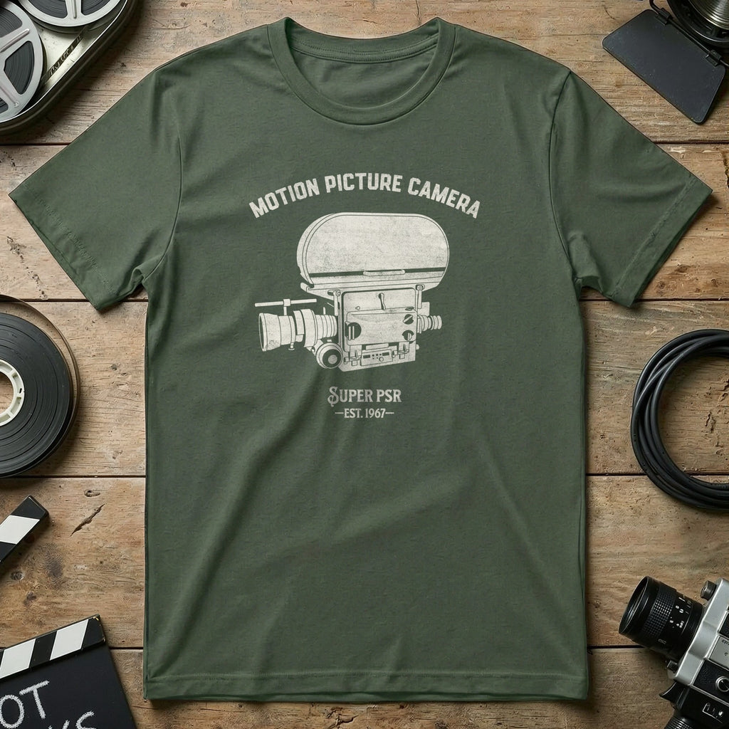 Green t-shirt with white "Motion Picture Camera SUPER PSR EST. 1967" graphic.