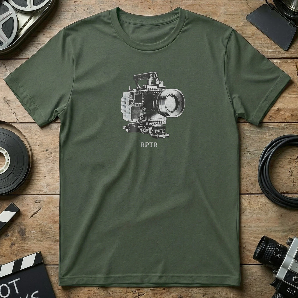 Green t-shirt with black graphic of a vintage movie camera and "RPTR".