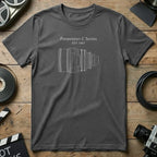 Grey t-shirt with line drawing of Panavision C Series lens, EST. 1967.