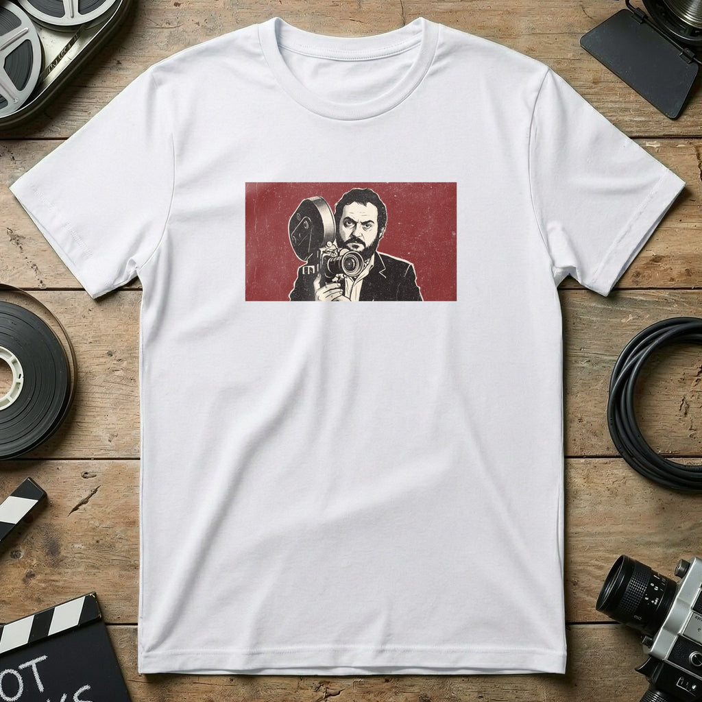T-shirt with illustration of a man holding a vintage film camera.