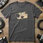Dark gray t-shirt with a light beige IMAX movie camera graphic.