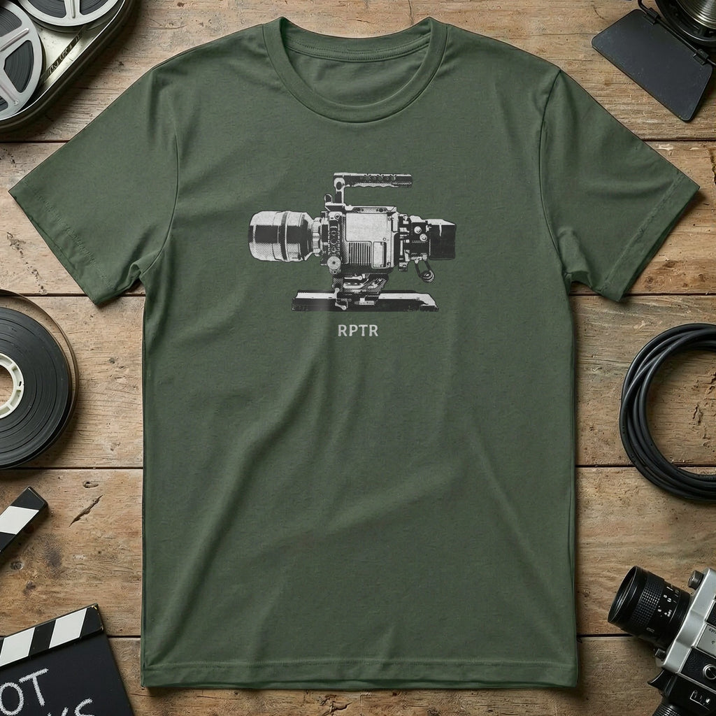 Green t-shirt with a graphic of a vintage video camera and "RPTR" text.