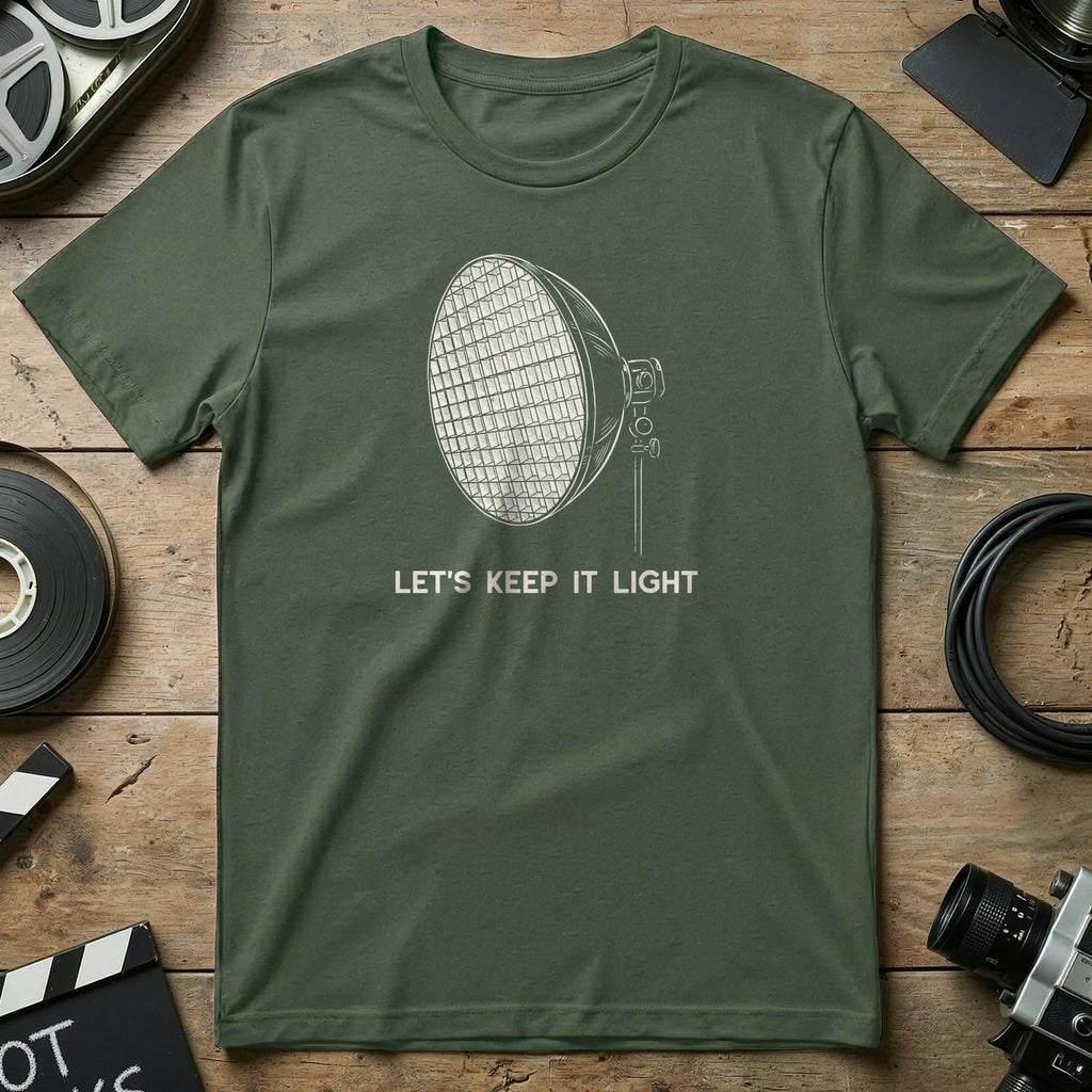 Green t-shirt with a graphic of a light fixture and text "Let's Keep It Light".