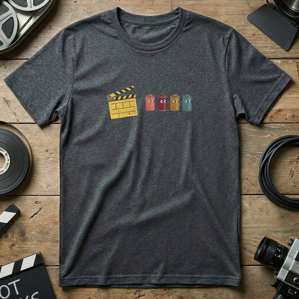 Dark gray t-shirt with cartoon film canisters and clapperboard graphic.