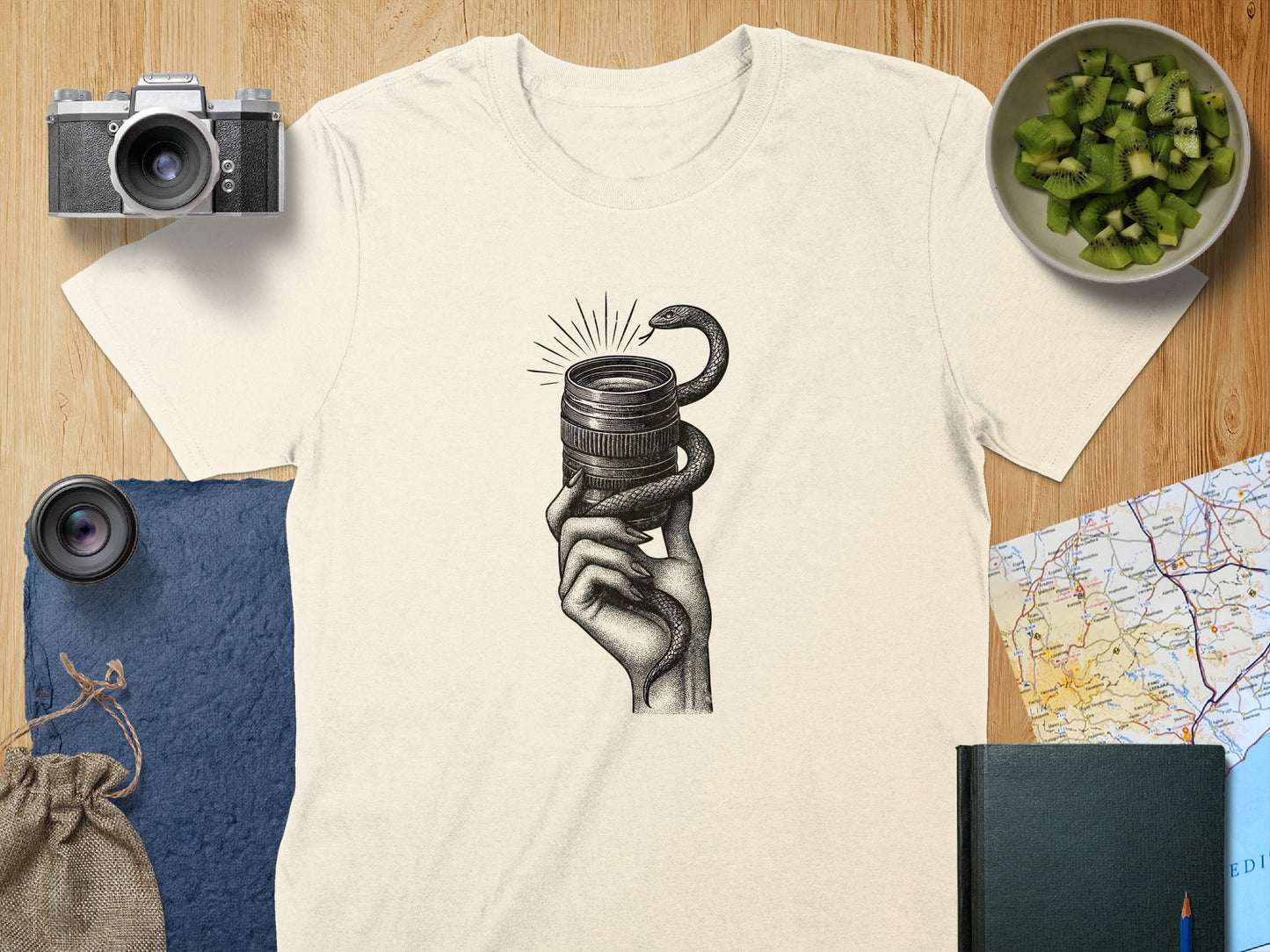 Vintage Camera Lens and Snake Design T-shirt Product