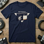 Navy t-shirt with Betamax BASF L 750 cassette graphic and text.