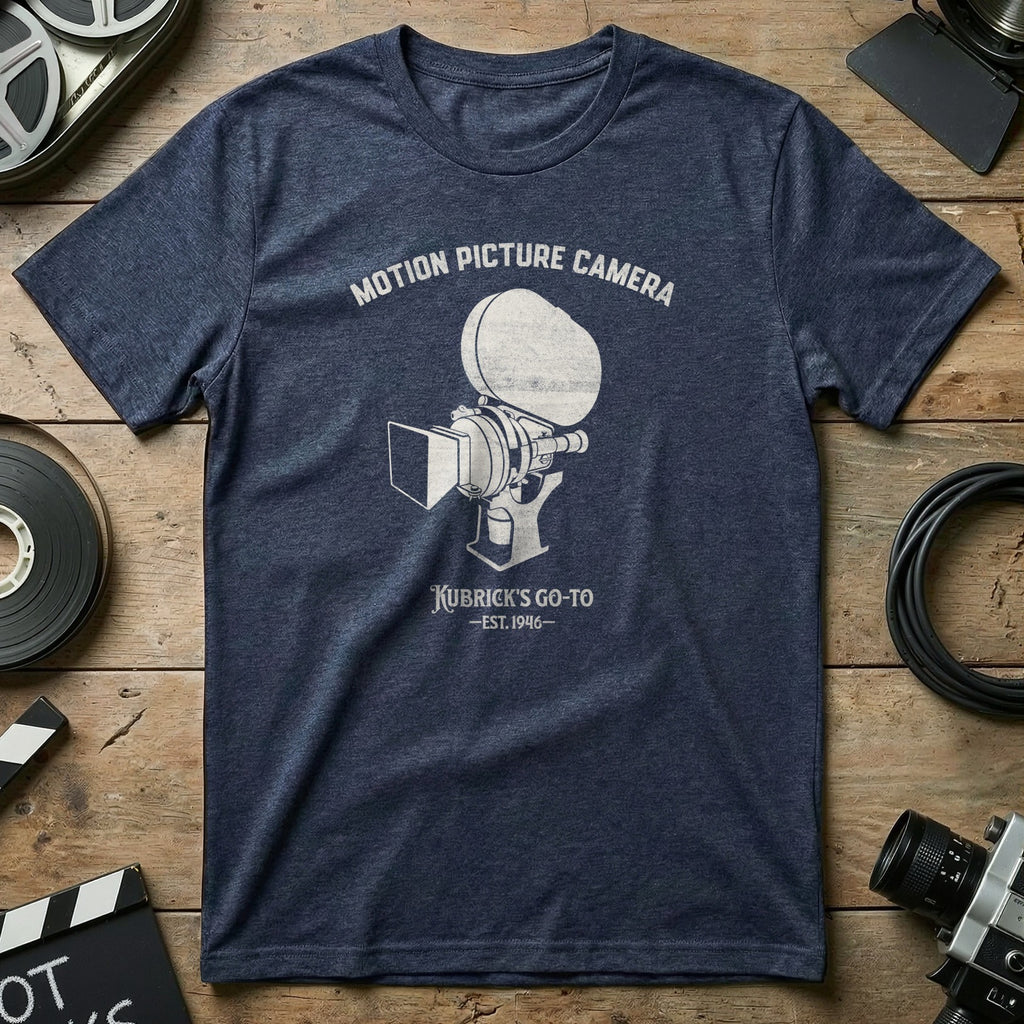 Navy t-shirt with "Motion Picture Camera Kubrick's Go-To Est. 1946" graphic.