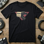 Black t-shirt with a vintage camcorder graphic and "Belamovie" text.