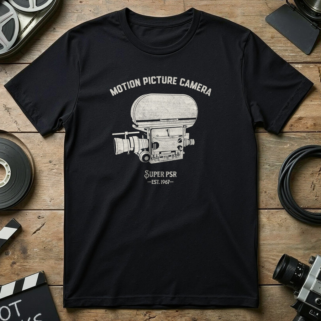 Black t-shirt with "Motion Picture Camera" and "Super PSR -Est. 1967" text.