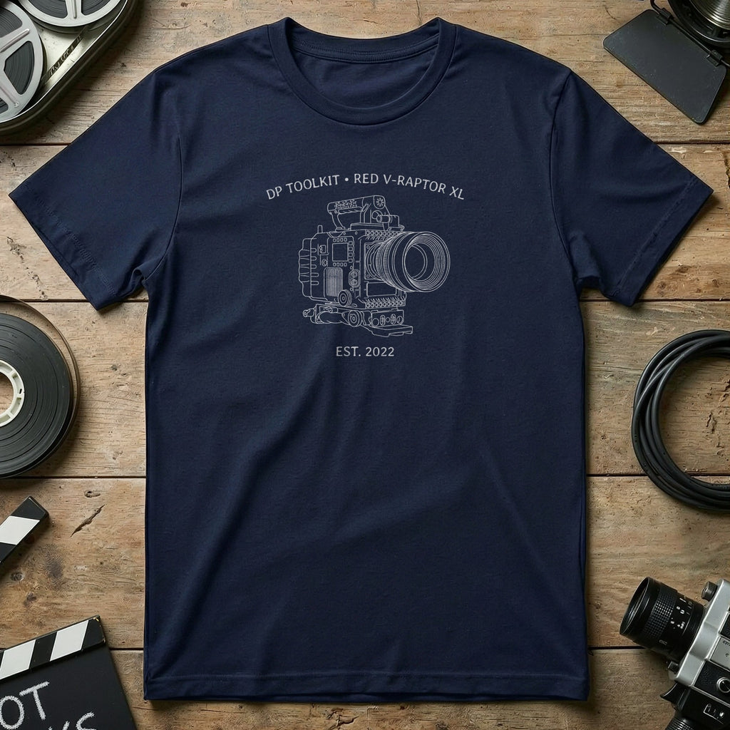 Navy t-shirt with line drawing of RED V-RAPTOR XL camera and "DP TOOLKIT EST. 2022" text.