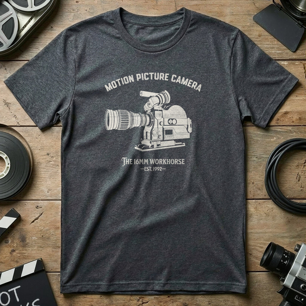 Gray t-shirt with "Motion Picture Camera" and "The 16mm Workhorse - est. 1992" graphic.