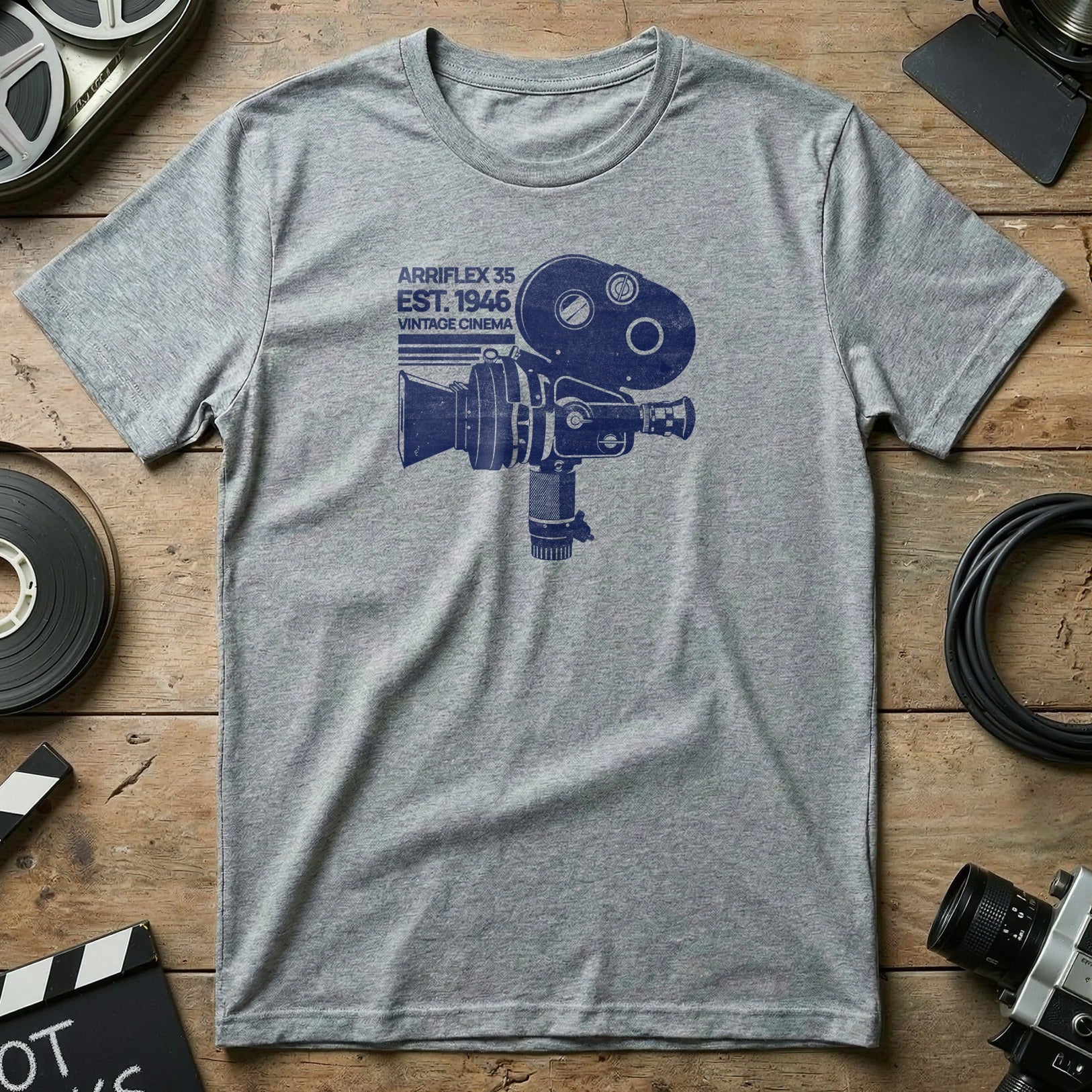 Gray t-shirt with vintage movie camera graphic and "Arriflex 35 Est. 1946 Vintage Cinema" text.