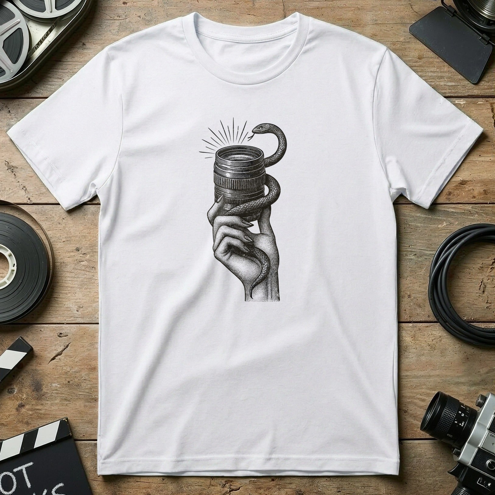 Artistic Hand Holding Snake Wrapped Camera T-shirt