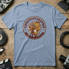 Cinnamonogpher film reel cartoon on a light blue t-shirt.