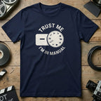 Navy t-shirt with "Trust Me I'm in Manual" and camera dial graphic.
