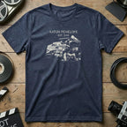 Dark t-shirt with illustration of vintage camera equipment and "Aaton Penelope EST. 2008" text.