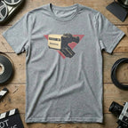 Grey t-shirt with vintage Belamovie video camera graphic and red triangle.