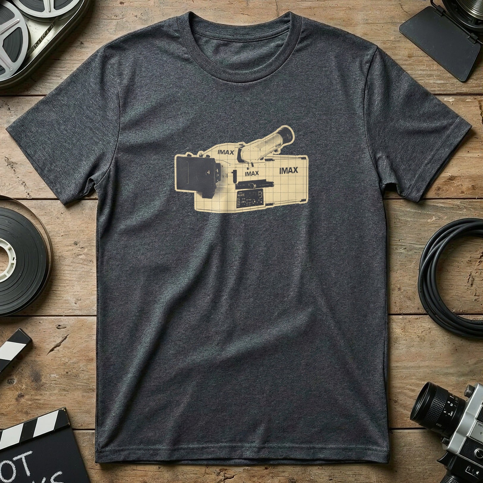 T-shirt featuring a vintage IMAX film camera graphic.