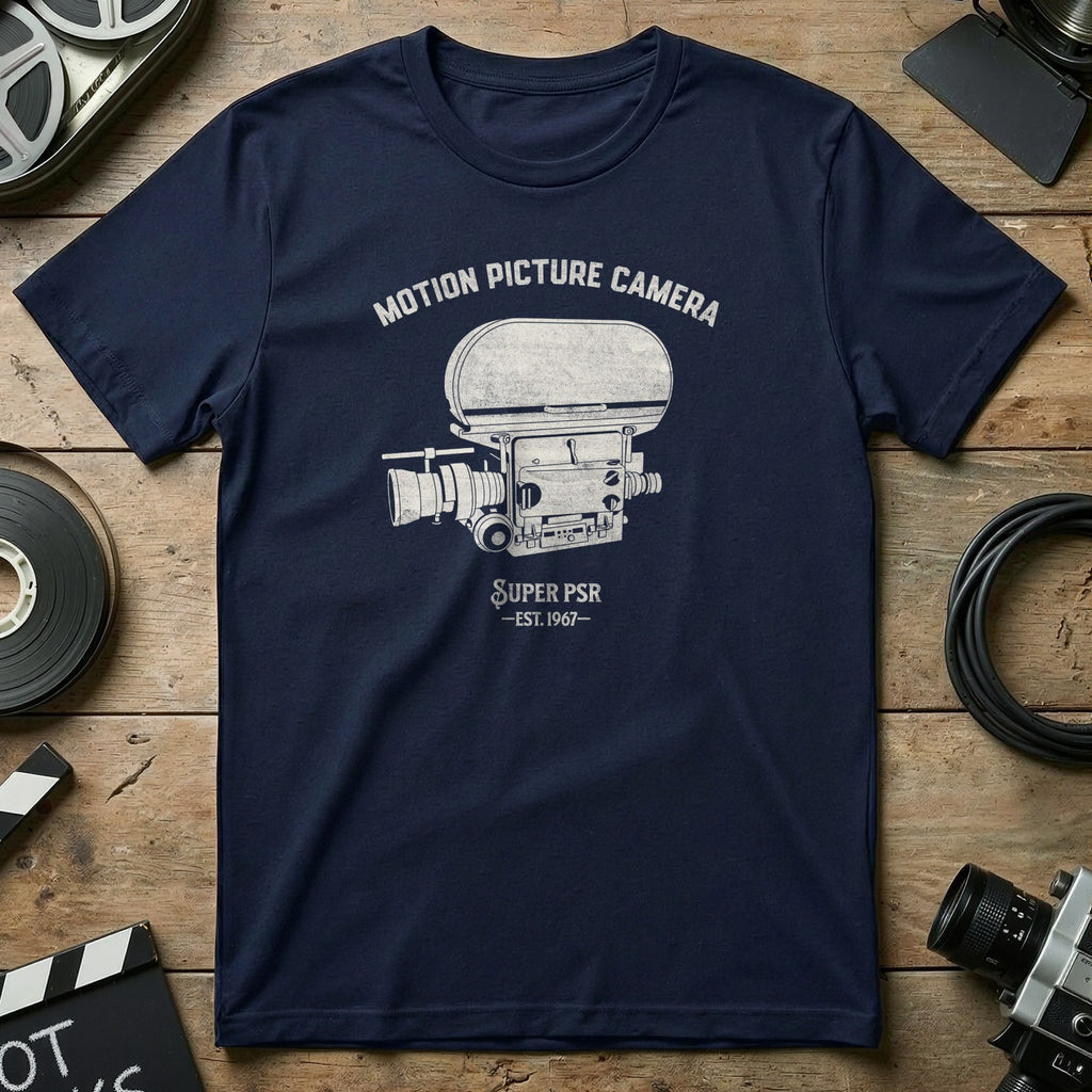 Navy t-shirt with "Motion Picture Camera Super PSR Est. 1967" and camera graphic.