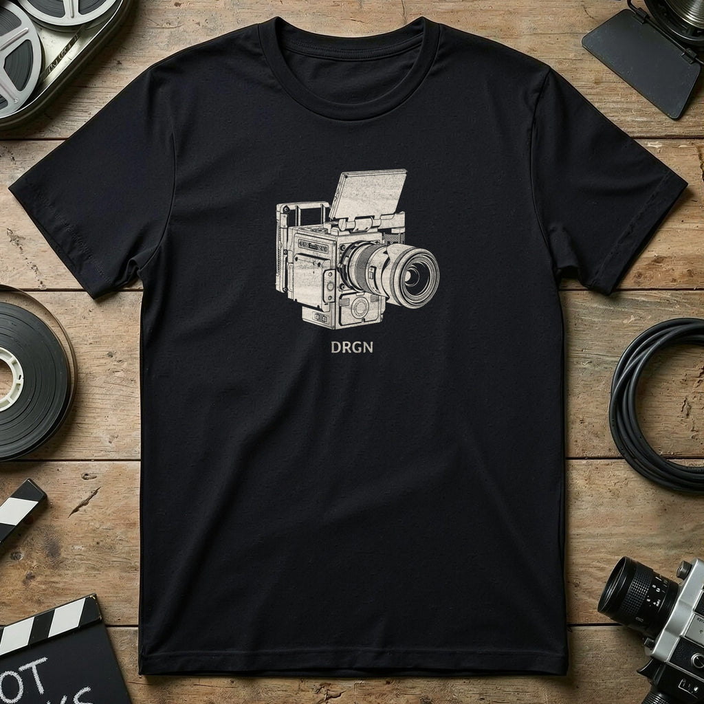 Black t-shirt featuring a line drawing of a vintage camera with the word "DRGN".