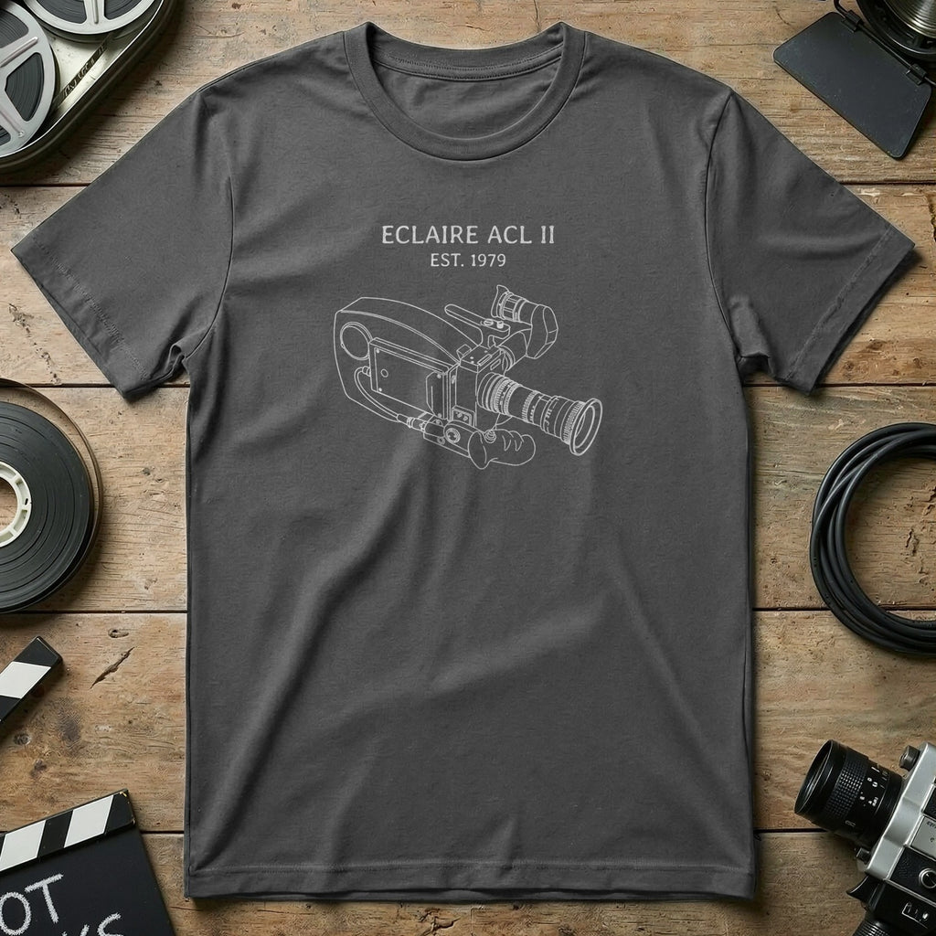 Dark t-shirt with white line drawing of Eclair ACL II camera and "EST. 1979".