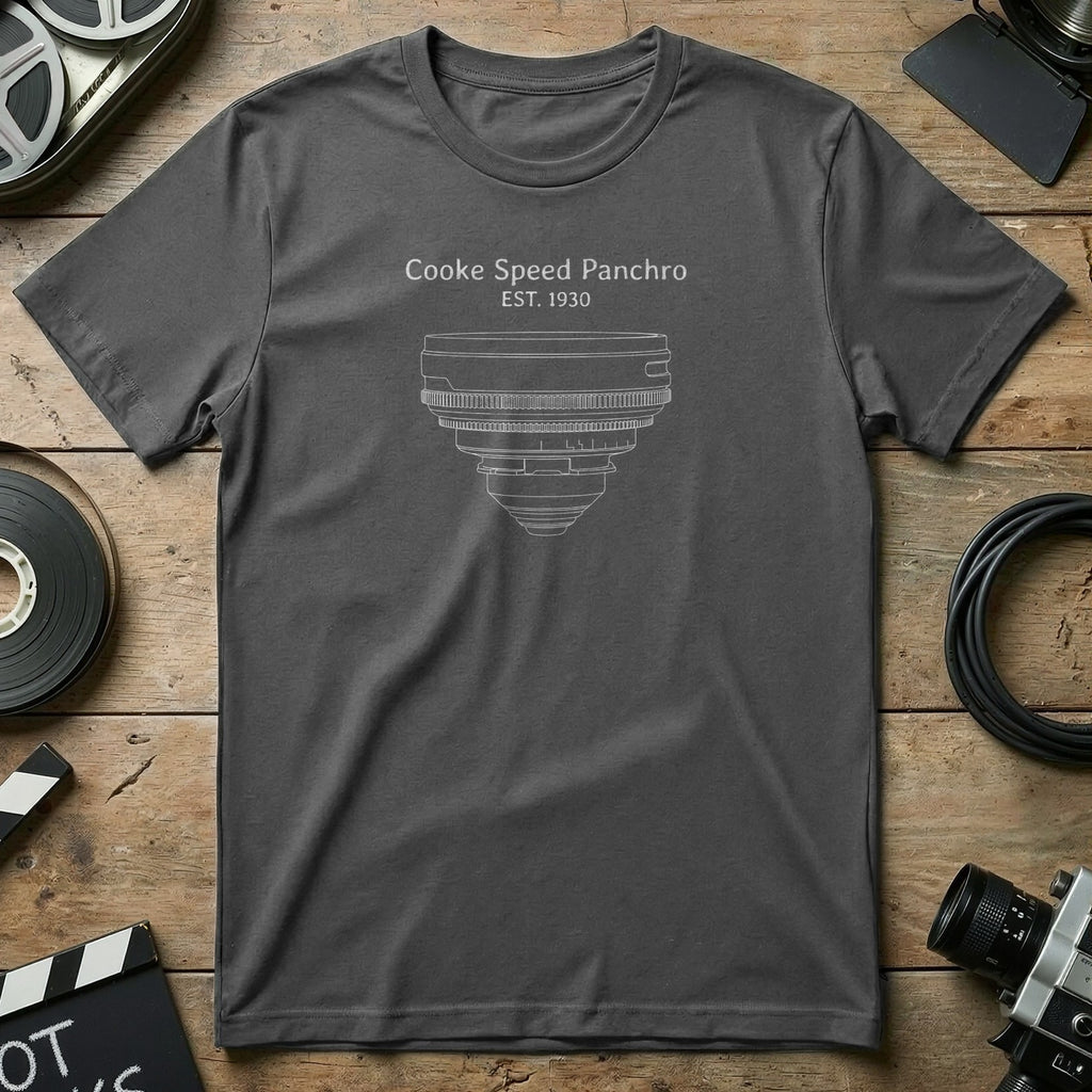 Dark gray t-shirt with white line art of Cooke Speed Panchro lens.