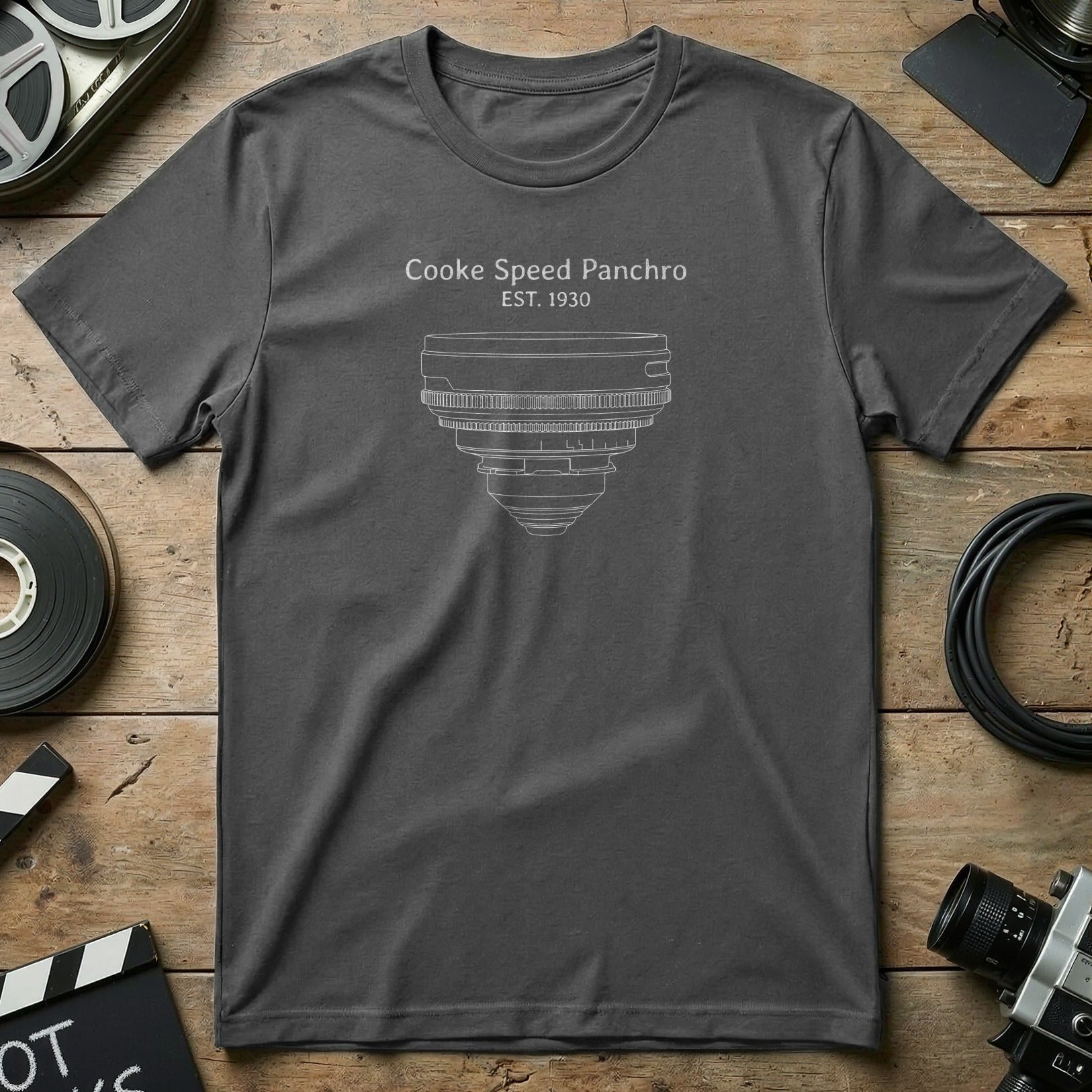 Dark gray t-shirt with white line art of Cooke Speed Panchro lens.
