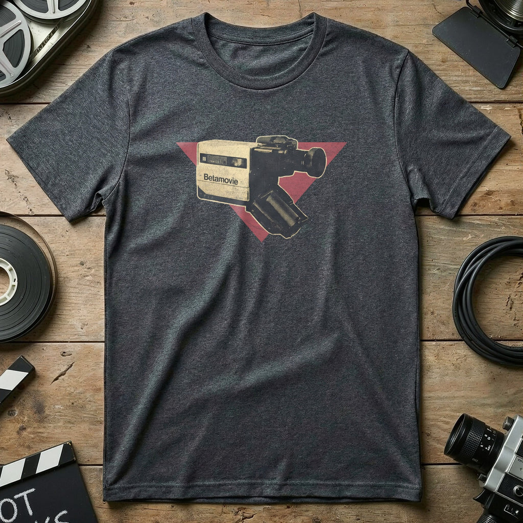Dark gray t-shirt with a vintage camcorder and "BetaMovie" text on a red triangle.
