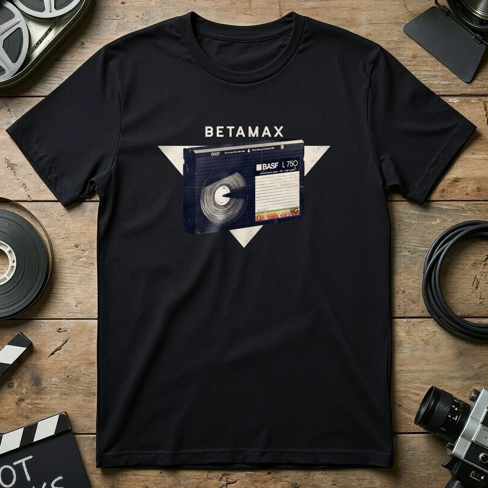 Black t-shirt featuring a Betamax L-750 cassette design.