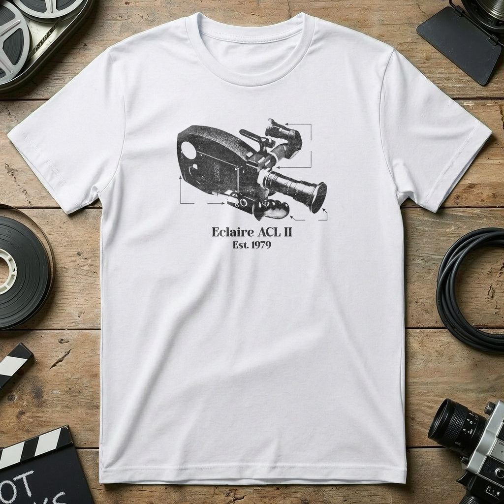 White t-shirt with a black line drawing of an Eclair ACL camera.