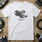 White t-shirt with a black line drawing of an Eclair ACL camera.