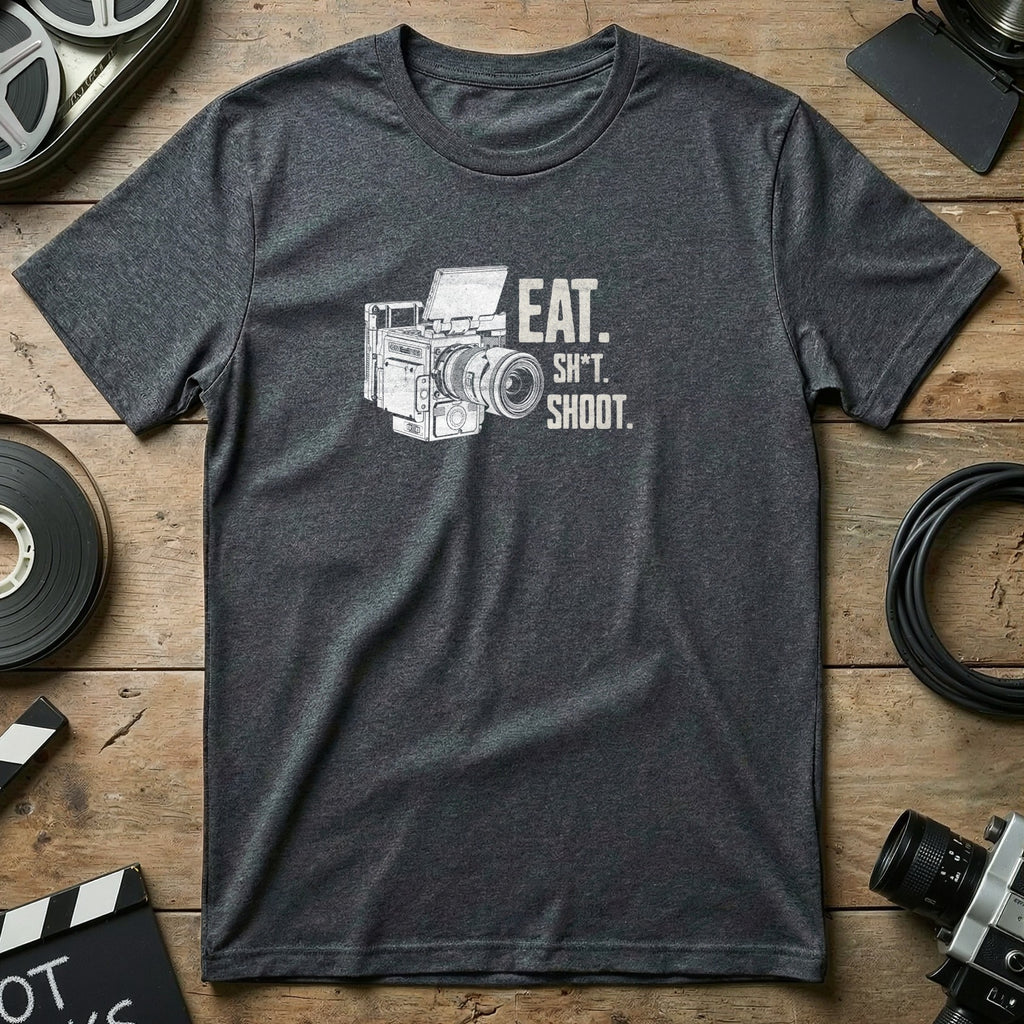 Dark grey t-shirt with "EAT. SH*T. SHOOT." and a vintage camera graphic.