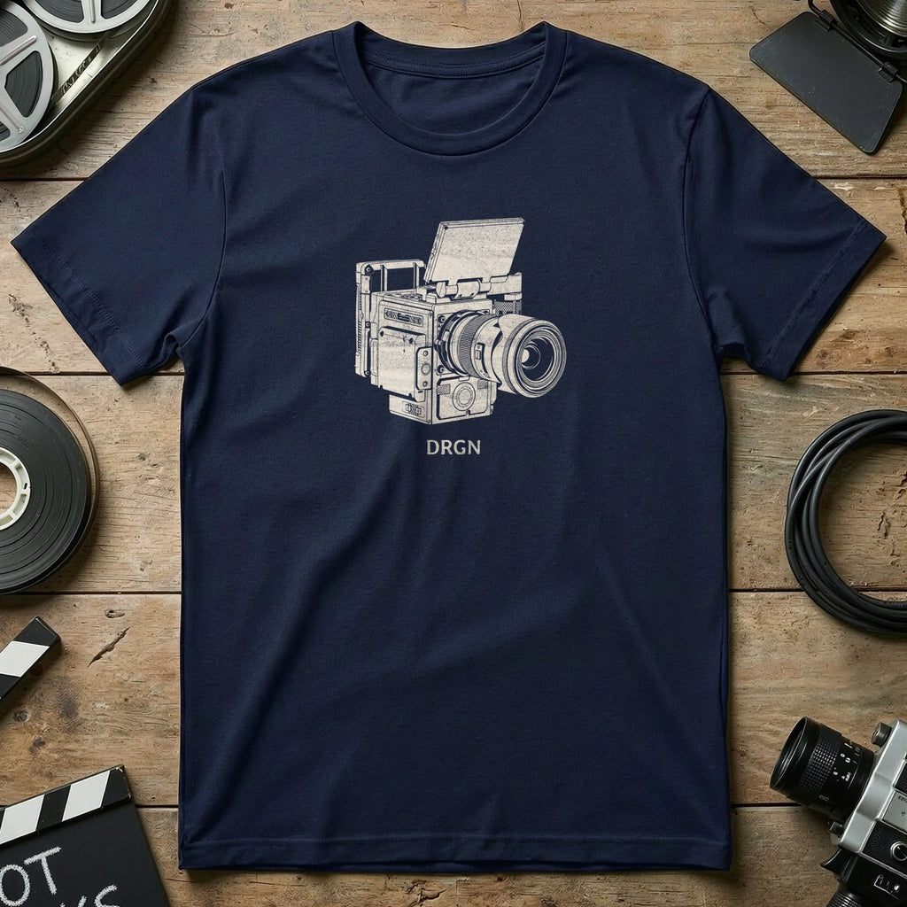 Navy t-shirt with illustration of a vintage medium format camera and the word "DRGN".