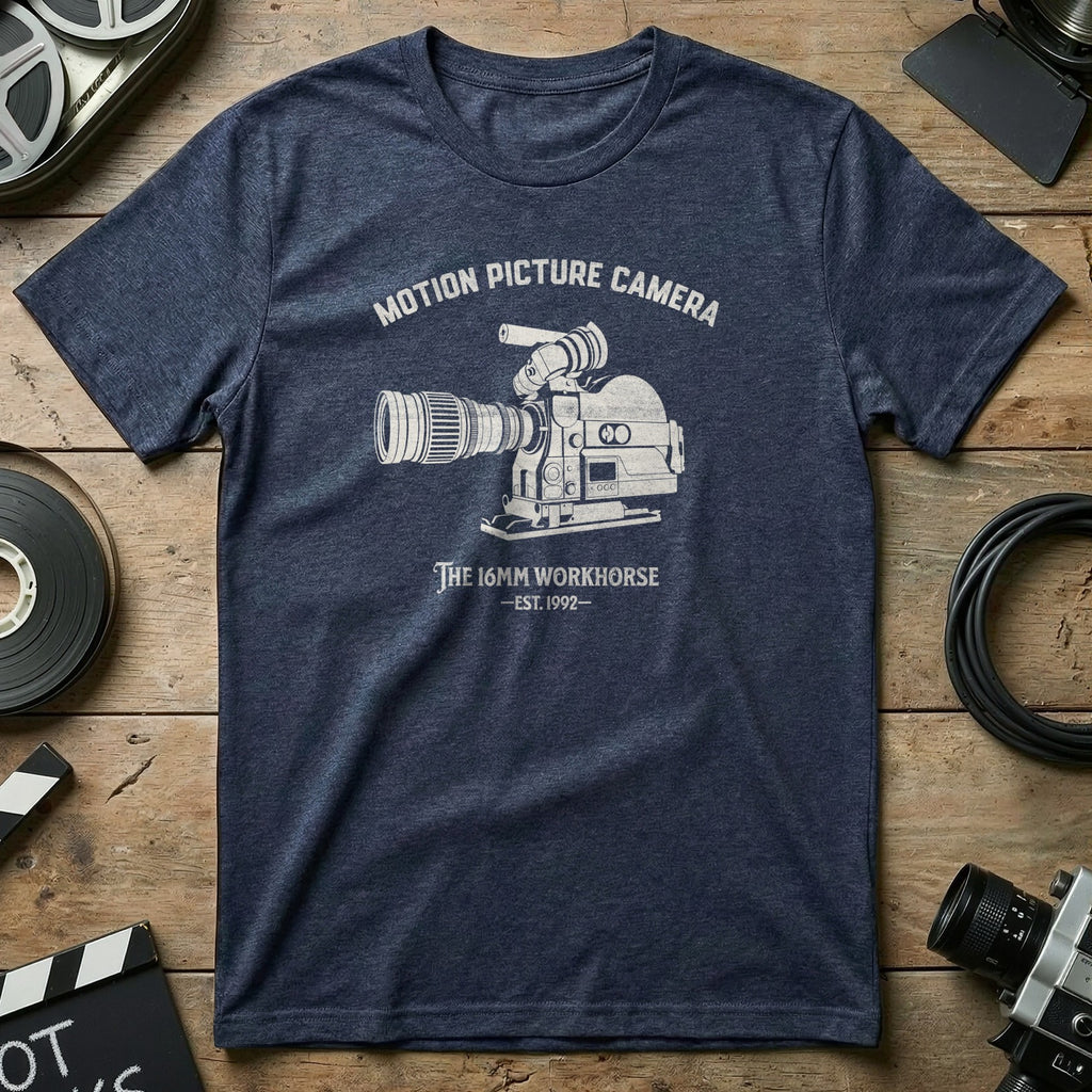 Dark blue t-shirt with vintage motion picture camera and text.