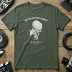 Olive t-shirt with vintage motion picture camera graphic and text.