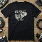 Black t-shirt with vintage motion picture camera graphic and text.