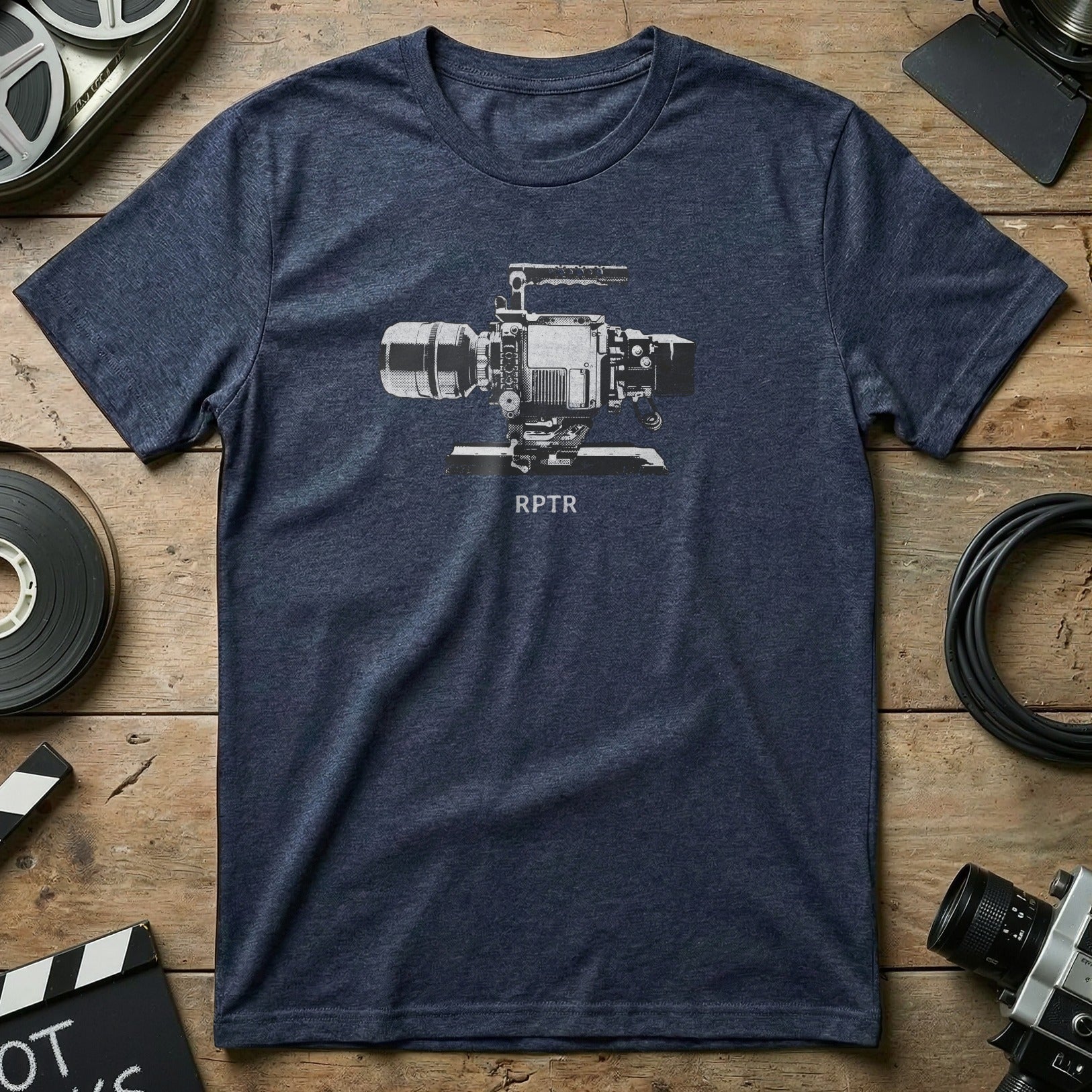 Navy t-shirt with a graphic of a vintage film camera and "RPTR" text.