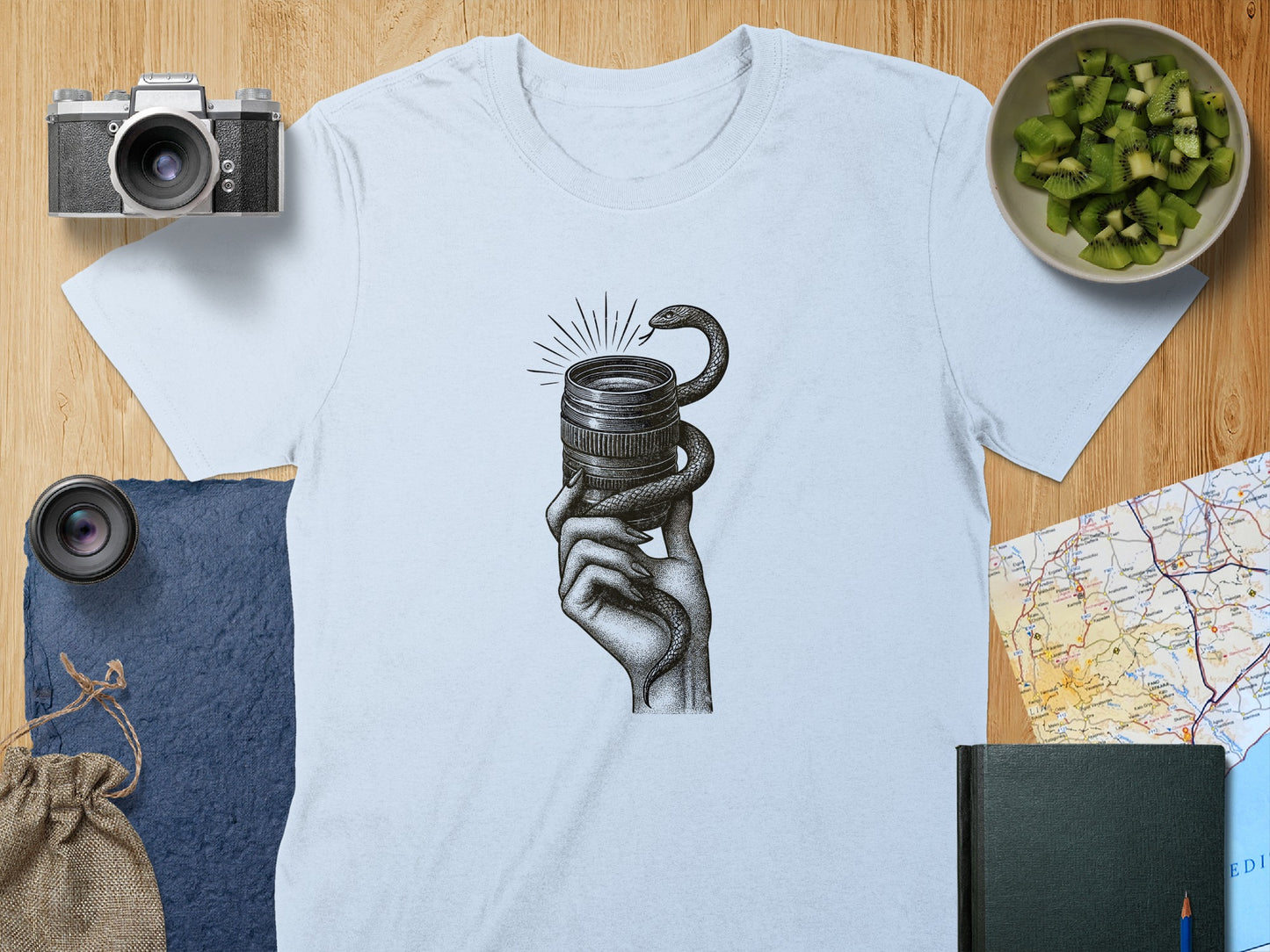 Unique Camera Snake Design T-Shirt for Art Lovers product