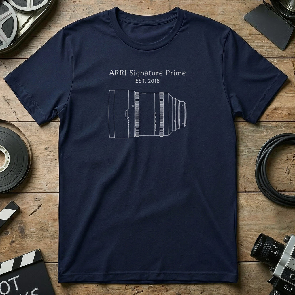 Navy t-shirt with ARRI Signature Prime lens design and "EST. 2018".