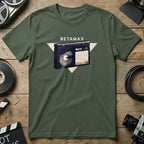Green t-shirt with Betamax BASF L 750 cassette graphic.