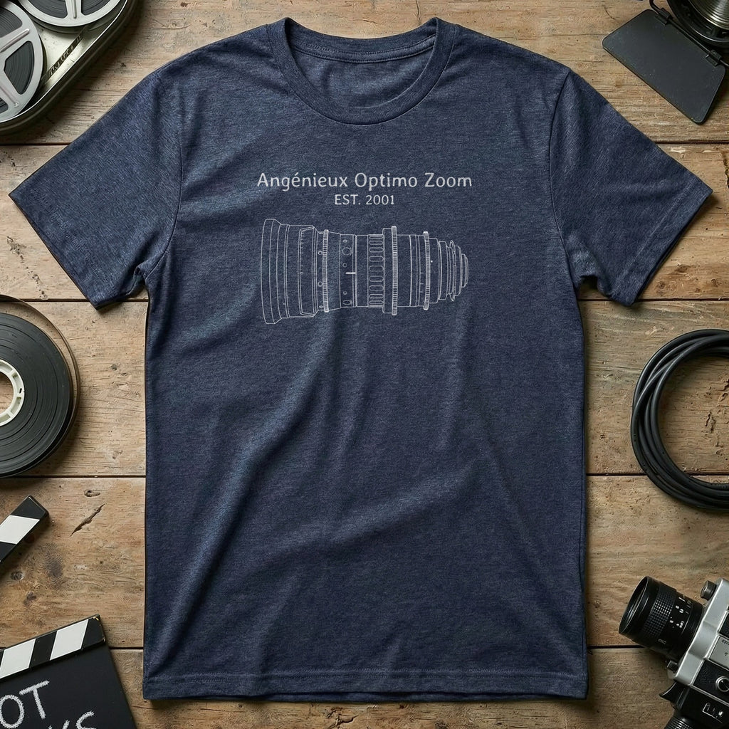 Dark blue t-shirt with white line drawing of a lens and "Angenieux Optimo Zoom Est. 2001".