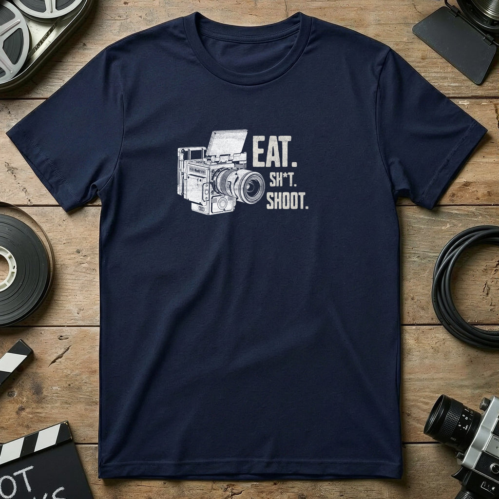 Navy t-shirt with white text and illustration: "Eat. Sh*t. Shoot."